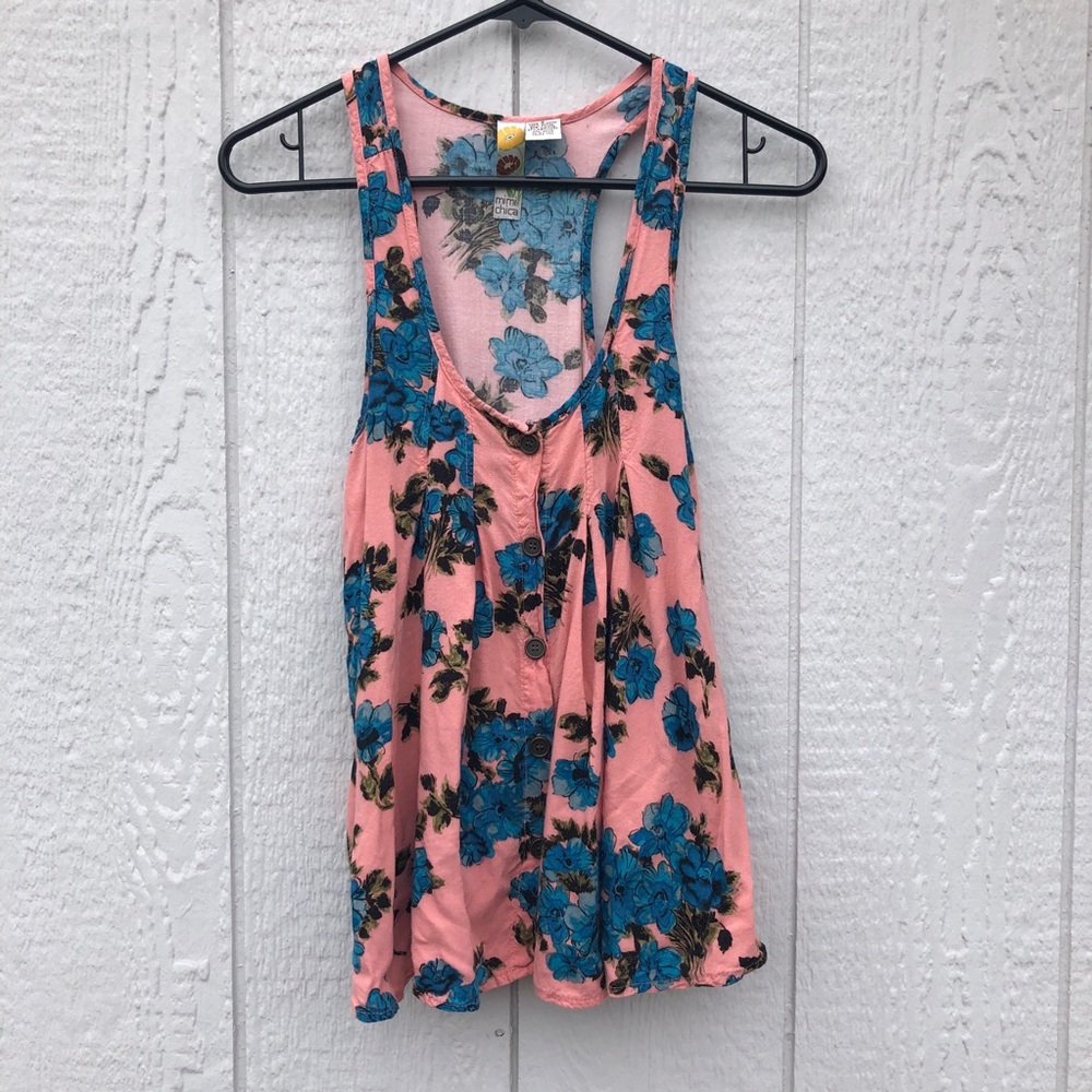 pink and blue floral, button front tank